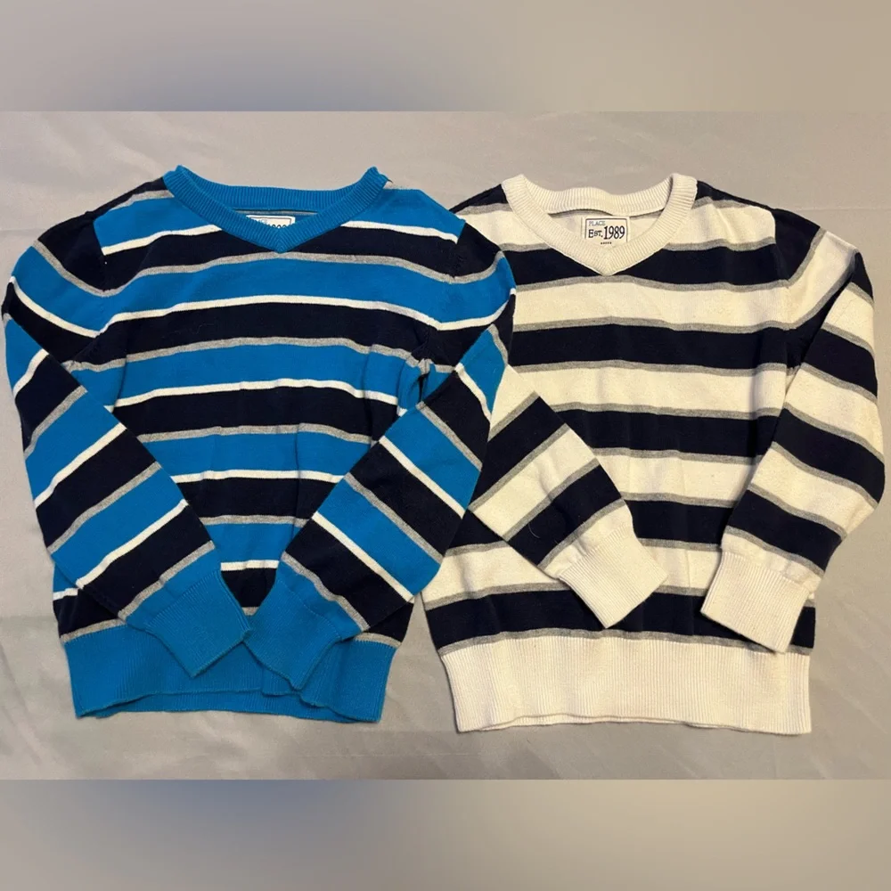 TCP The Children’s Place Stripe Boy Sweaters Blue White Small 5/6 - Set of 2